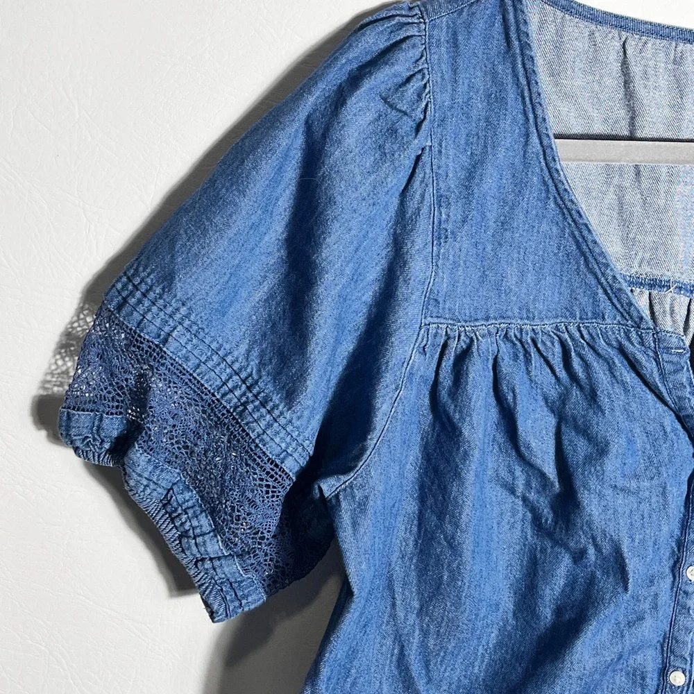 Old Navy Puff Sleeve Oversized Lace-Trimmed Denim Chambray Swing Blouse Small